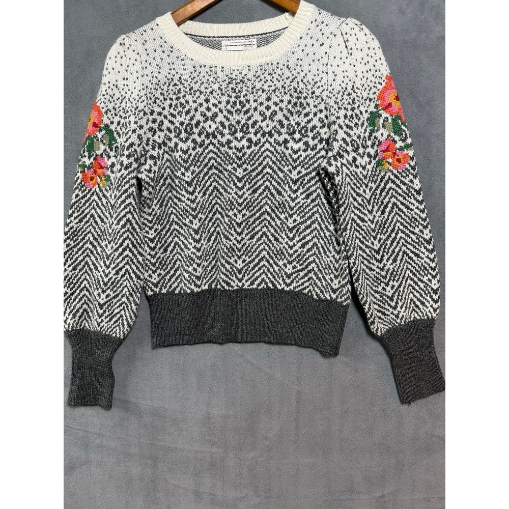 Anthropologie Karolina Sweater Womens Gray Wool Blend Floral Puff Sleeve Size S